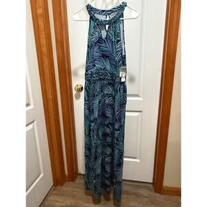 Berkley Jensen Blue Tropical Palm Braided Halter Maxi Dress Womens Medium NWT‎